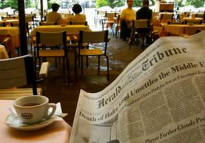 A mid-morning espresso with the Herald Tribune at Gillis, probably the most famous cafe in Florence - 225 years old.
