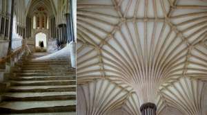 Left, the beautiful steps leading up to the Chapter House, and right, the large, intricate
ceiling inside the Chapter House.