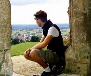 Sheltering from the wind, just inside the open interior of the ruined church tower. This would be
an awesome place to be for a beautiful sunset, or on a pitch-black clear night. 