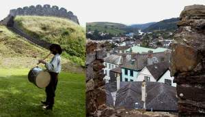 Left, Totnes Castle, and the musician in period dress. Right, the view from the battlements.