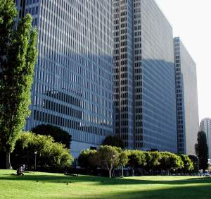 Late evening sun on the lawns in front of the Embarcadero Center